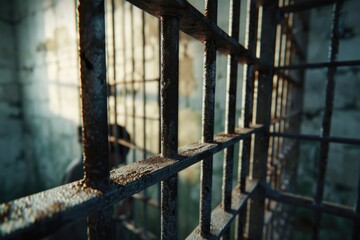 Poster - A close-up view of the bars of a jail cell. This image can be used to depict incarceration, imprisonment, or criminal justice concepts