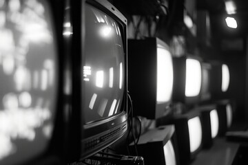 Aufkleber - A black and white photo of a bunch of televisions. Perfect for illustrating technology, media, or entertainment concepts.