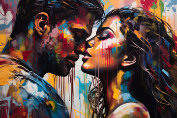 Wall Mural - Couple kissing paint on a wall