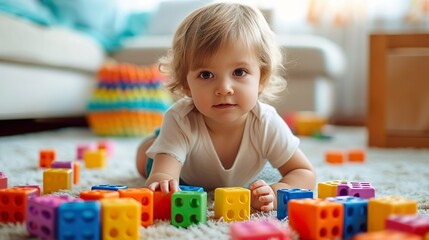 Wall Mural - Child playing with blocks made with Ai generative technology, person is fictional