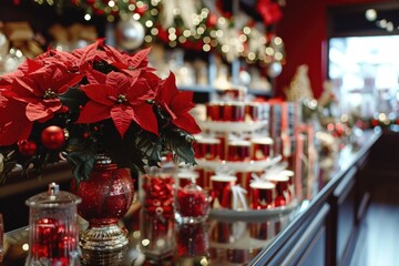 Poster - A table topped with a vase filled with red poinsettias. Perfect for festive decorations and holiday-themed designs