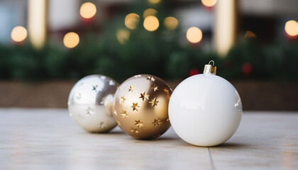 Poster - Glowing Christmas ornament on wood table, illuminated background generated by AI