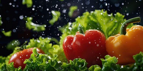 Poster - A group of peppers sitting on top of a bed of lettuce. Perfect for food and cooking-related projects