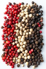 Aufkleber - A collection of different kinds of pepper arranged in a pile on a white surface. Suitable for culinary and food-related projects