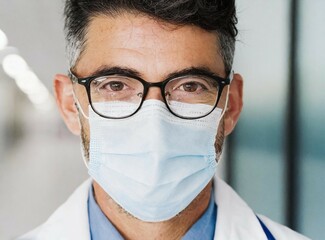 Poster - Caucasian mature male healthcare professional face with mask closeup portrait