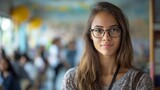 Fototapeta  - Young university student girl, posing calmly in class, with students out of focus in the background.