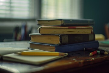 Poster - A stack of books sitting on top of a wooden table. Perfect for educational or literary-themed designs