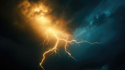 Poster - A powerful lightning bolt cutting through the dark sky. Perfect for dramatic and intense themes. Ideal for use in weather-related articles or projects