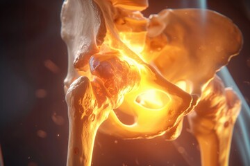 Poster - A close-up view of a human skeleton with a glowing glow. This image can be used to depict concepts of Halloween, horror, anatomy, medical science, or even spirituality