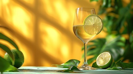 Wall Mural -  a close up of a wine glass with a slice of lemon on a table next to a leafy plant.