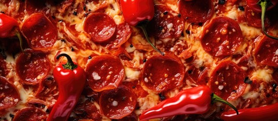 Wall Mural - A close-up of a pizza with red pepper slices.