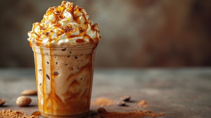 Sticker -  a close up of a cup of coffee with whipped cream and nuts on a table with a blurry background.