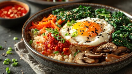 Canvas Print -  a close up of a plate of food with mushrooms, rice, mushrooms, and an egg on top of it.