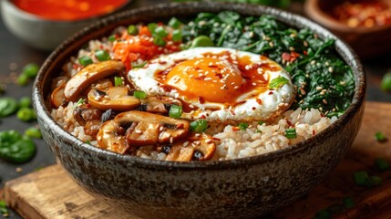 Poster -  a bowl filled with rice, mushrooms, and an egg on top of a wooden cutting board next to a bowl of sauce.