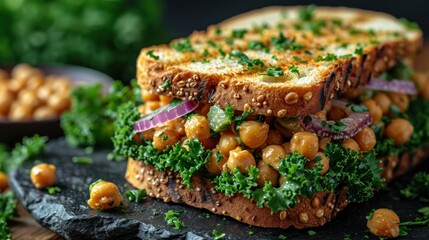 Sticker -  a toasted sandwich with chickpeas, onions, and parsley on a black plate with a bowl of chickpeas in the background.