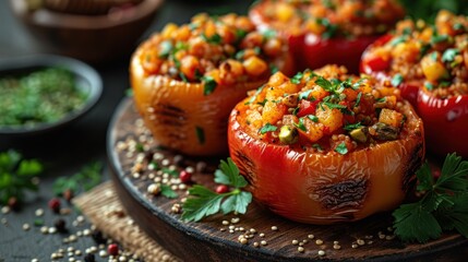 Canvas Print -  a close up of some stuffed peppers on a wooden platter with seasoning on top of them and a bowl of seasoning in the background.