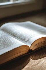 Poster - An open book resting on a wooden table. Suitable for educational or literary concepts