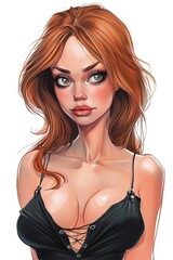 Wall Mural -  a drawing of a woman with red hair and big breast wearing a black bra and a black bra - top.