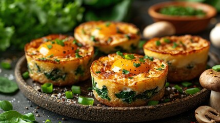 Poster -  a close up of a plate of food with broccoli and other food on a table next to mushrooms.