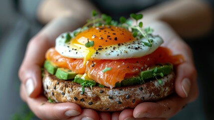 Poster -  a close up of a person holding a bagel with an egg on top of it and salmon, avocado, and lettuce.