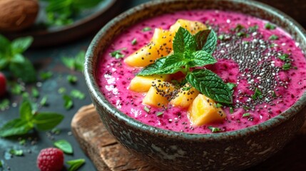 Canvas Print -  a bowl of fruit smoothie with a mint garnish and a mint garnish garnish.