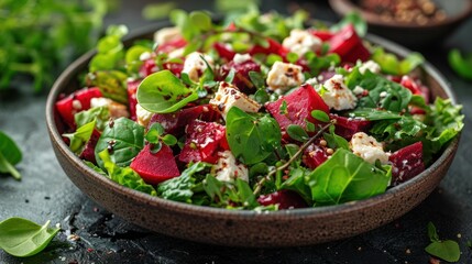 Wall Mural -  a salad with beets, feta cheese and spinach leaves in a brown bowl on a black surface.