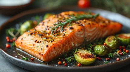 Poster -  a piece of salmon on a plate with brussel sprouts and brussel sprouts.