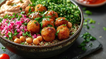 Wall Mural -  a close up of a bowl of food with broccoli and chickpeas and other food on a table.