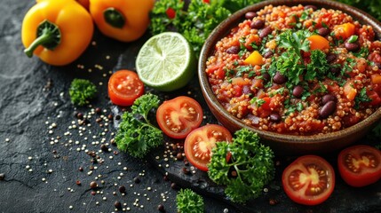 Canvas Print -  a bowl of beans, tomatoes, broccoli, lime, and lime wedges on a black surface.