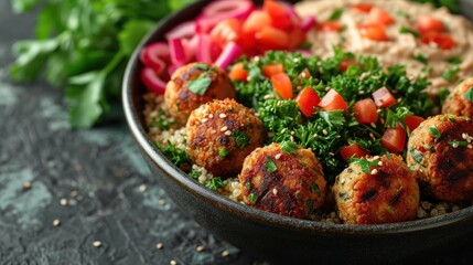 Poster -  a bowl filled with meatballs and veggies next to a bowl of hummush hummush.