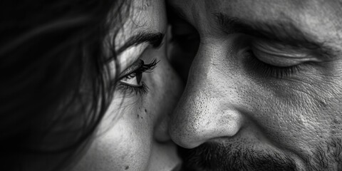 Poster - Close up view of a man and a woman's faces. Suitable for portraits, relationship concepts, and emotions