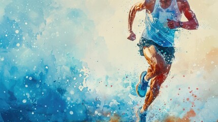 Poster - A vibrant painting capturing the motion of a man running in the water. Perfect for adding energy and movement to any project