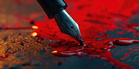 Poster - A fountain pen is seen writing on a surface covered in blood. This image can be used to depict crime scenes, horror stories, or the concept of violence