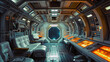 retro futuristic film set interior of space station command center