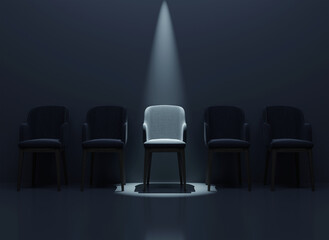 We are hiring collage concept. Chairs in modern design. Free photo hiring concept with empty chair. chairs with one odd one out job opportunity business leadership. Recruitment concept. 3d Rendering