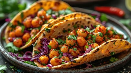 Poster -  a close up of a plate of food with tortilla shells and coleslaw on the side of the plate.