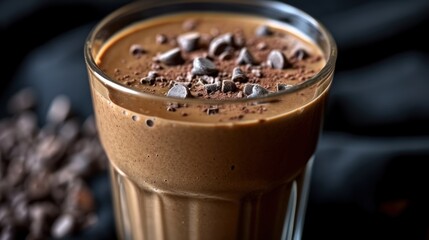 Sticker -  a close up of a glass of chocolate milkshake with chocolate chips on the rim and a spoon in it.