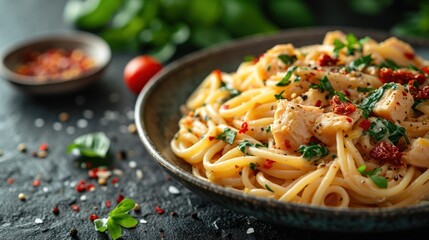 Poster -  a close up of a plate of pasta with chicken and parsley on a table next to a bowl of seasoning.