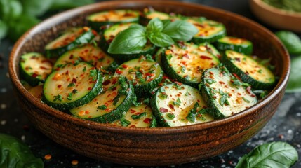 Wall Mural -  a wooden bowl filled with sliced cucumbers covered in herbs and seasoning on top of a black surface.