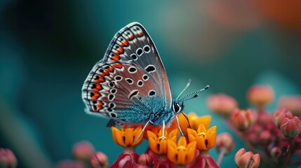 A butterfly with intricately patterned wings is resting on vibrant orange flowers, the background is a soft, blurred mix of green and blue hues.