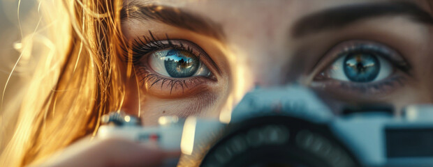 Poster - Close up of a person holding a camera. Suitable for photography-related content