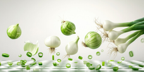 Aufkleber - A captivating image of a bunch of onions and onions floating in the air. Perfect for food and culinary concepts.
