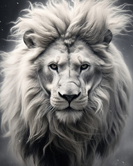 Wall Mural - The head of a lion, in the style of black and white photography, motion blur, realistic marine paintings, harmony with nature, photo taken with nikon d750, grisaille, wildstyle

