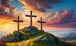 © ahmta - Easter and Good Friday crosses on Calvary's hill with colorful skies symbolize Jesus Christ's crucifixion