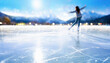 Ice skating on a frozen lake in the mountains. Blurred background