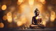 Golden Buddha statue in serene meditation, radiating tranquility against a backdrop of festive bokeh lights