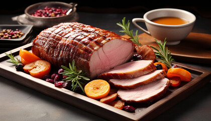 Canvas Print - Grilled pork slice on rustic wooden table generated by AI