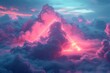 powerful sky view landscape with pink and blue clouds at sunset, purple red triangle icon on 