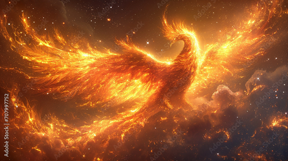 A celestial phoenix rising from the ashes, its fiery plumage casting a ...