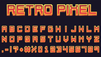 Retro pixel game font. Arcade game 16-bit 3D pixel letters and numbers. Old school video game vector symbols set.